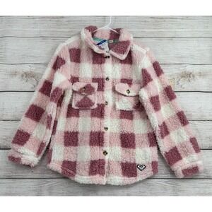 Roxy Shirt Jacket Kids Size L 14/16 Pink Plaid Sherpa Fleece Shacket 25ROFHB03X